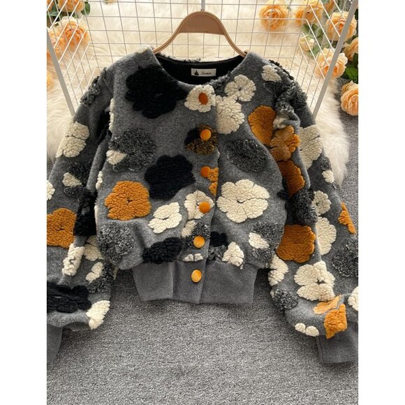 Women's Floral Fleece Bomber Jacket Small Casual Cropped Outerwear - Picture 5 of 7